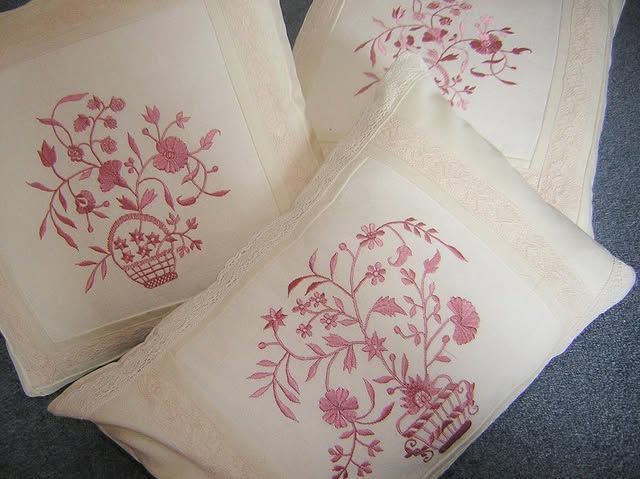 Cushions made from a vintage embroidered tablecloth