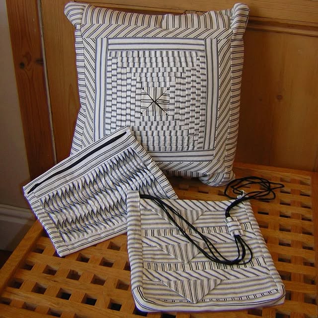 Cushion and bags from recycled pillow ticking fabric